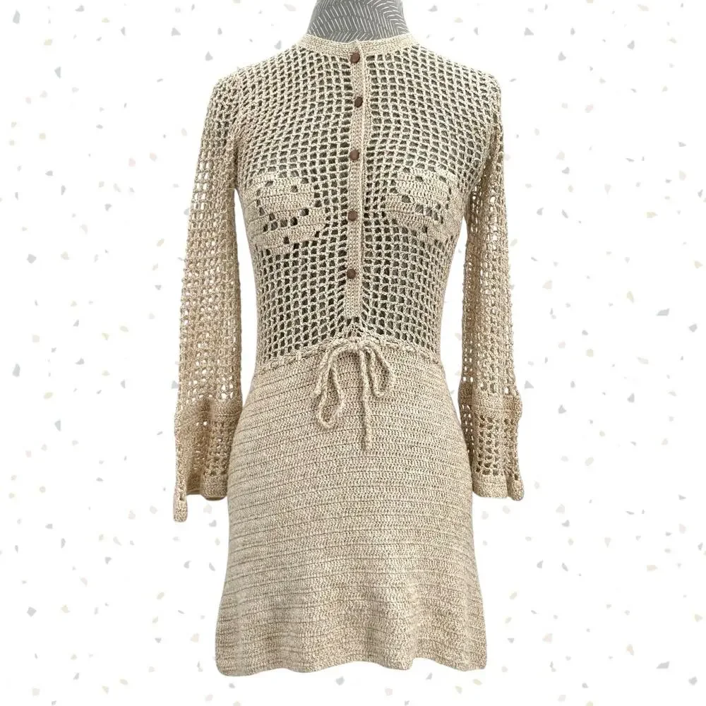 Stoned Immaculate Birkin Crochet Mini Dress Cream Tan Gold Beach Resort Size S